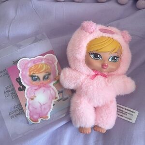 Cute Pink Plush Doll with Bear Outfit
